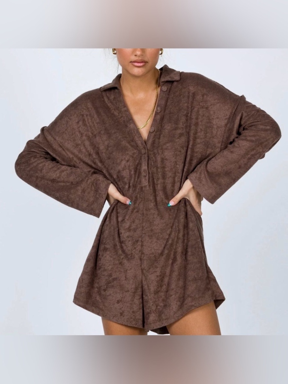 Princess Polly XS Relaxed Brown Hooded Terry Cloth Romper Hawaii Trip Style